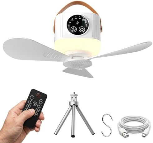Portable Camping Ceiling Fan with Light and Remote, 9.25" Wireless 7200mAh Rechargeable Tent Fan, 4 Speeds, 3 Brightness, Timer, Battery Powered Hanging Fan for Tent, RV, Canopy, Gazebo by Unknown