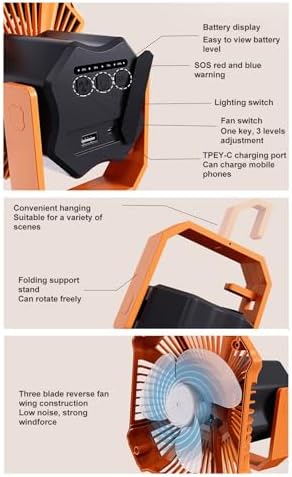 Portable Camping Fan with LED Lantern, 10000mAh Rechargeable Battery Powered Tent Fans for Camping Hanging, Ultra Quiet for Picnic, Barbecue, Fishing, Travel, Home (Black Orange) - Image 3