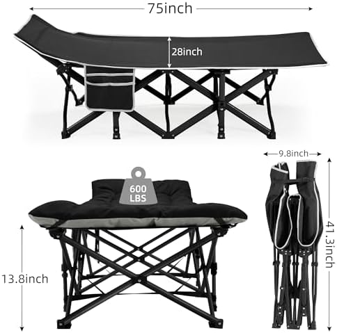 Fragess Portable Camping Cot, Sleeping Cots for Adults, 28" Extra Wide Heavy Duty Folding Cot Max Load 600LBS with Thick Mattress, Portable Camping Bed for Outdoor Camp/Office, Home Nap (Black) - Image 5