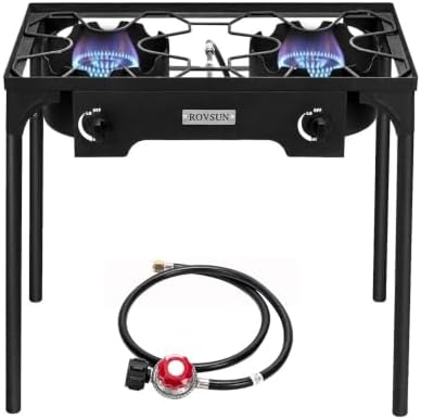 ROVSUN 2 Burner Outdoor Propane Gas Stove with Regulator, High Pressure 150,000 BTU Stand Cooker for Backyard Cooking Camping Home Brewing Canning Turkey Frying by ROVSUN