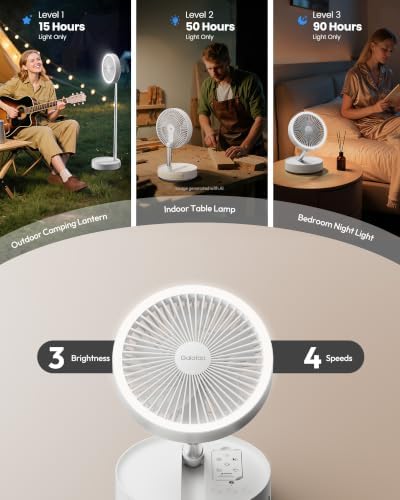 Gaiatop Portable Pedestal Fan 16000mAh Battery [Max 74h Runtime], Foldable Oscillating Standing Fan, Collapsible Desk Fans, LED Light, Case & Remote Control 4 Speeds for Outdoor Travel Camping (White) - Image 3