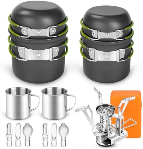 Odoland 16pcs Camping Cookware Mess Kit, Lightweight Pot Pan Mini Stove with 2 Cups, Fork Spoon Kits for Backpacking, Outdoor Camping Hiking and Picnic by Odoland