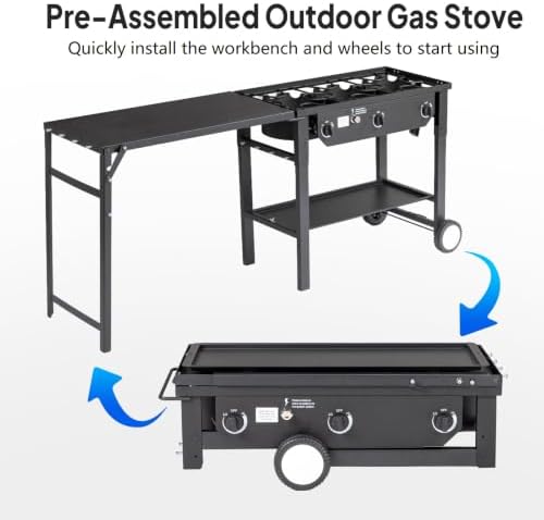 ROVSUN 3 Burner Outdoor Propane Gas Stove with Foldable Side Table & Ignition, 225,000 BTU Stand Cooker for Backyard Cooking Camping Home Brewing Canning Turkey Frying - Image 5