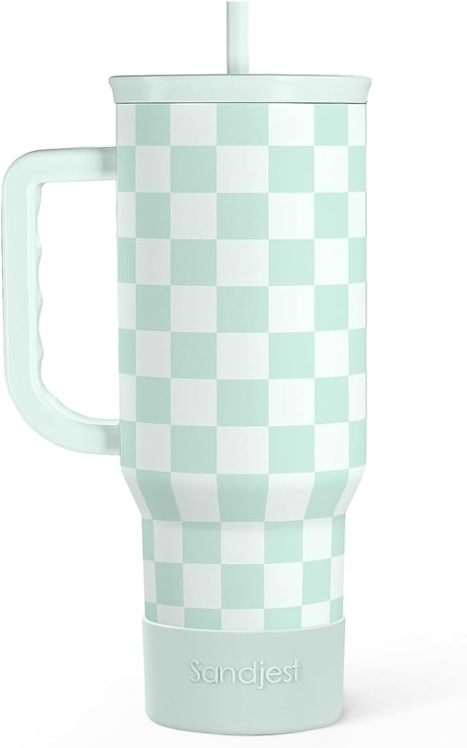 Checkered Tumbler with Handle 40oz, Mint Checker Cup Stainless Steel Insulated Tumblers Coffee Travel Mug Cups with Straw, Gifts for Women Girls Teen Birthday Christmas by SANDJEST