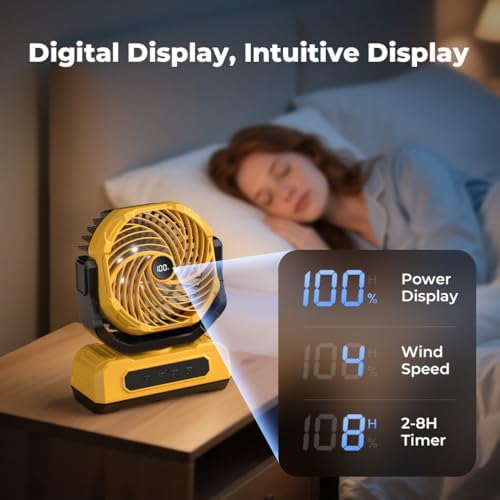 30000mAh Portable Camping Fan with RGB Lantern, Rechargeable Battery Powered Oscillating 4 Wind Speeds LED Display, Remote Control Timer Tent Beach Cordless USB Fans for Travel Home Outdoor, Yellow - Image 5