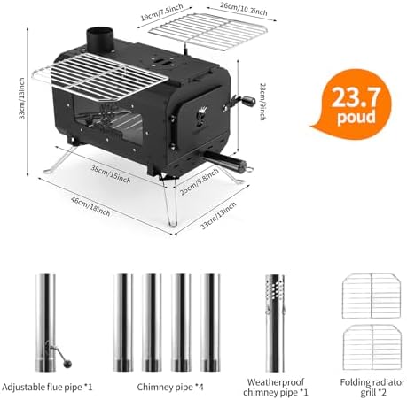 Tent Stove Portable Camping Stove Black Wood Burning Stove Tent Heater for Tents Shelter Heating Outdoor Camping, With Chimney Pipes and Carrying Bag - Image 6