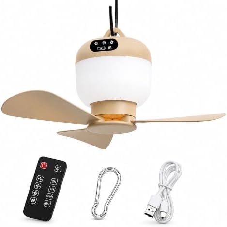 Portable Hanging Tent Fan with Light & Remote, Rechargeable Camping Fan by Negxi