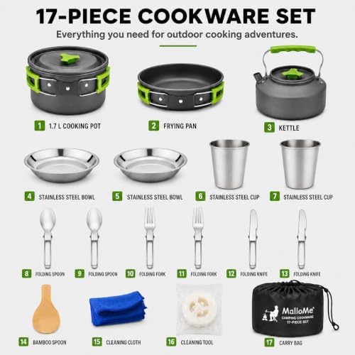 MalloMe Camping Cookware Mess Kit for Backpacking Gear – Camping Cooking Set - Camping Pots and Pans Set - Backpacking Stove/Portable Stove Compatible - Camp Kitchen Equipment Accessories Pot - Image 5