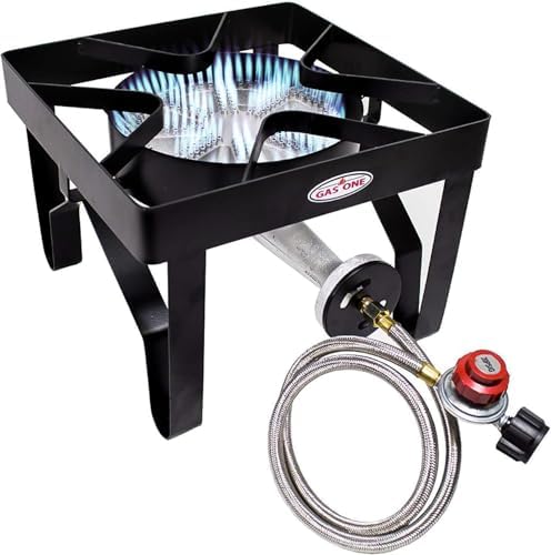 GasOne 200K BTU Propane Burner – Heavy-Duty Propane Stove – Outdoor Burner with Adjustable 0-20Psi Regulator and Steel Braided Hose – Ideal for Home Brewing, Turkey Fry by GasOne