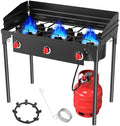 BESTFIRE 3 Burner Camping Stove, 225,000 BTU Propane Stove with Detachable Windscreen, Removable Legs & 20 PSIG Regulator&Octagonal Auxiliary Shelf&Ignition wire for Outdoor Cooking, Canning, BBQ by GrillsOutdoorCooking