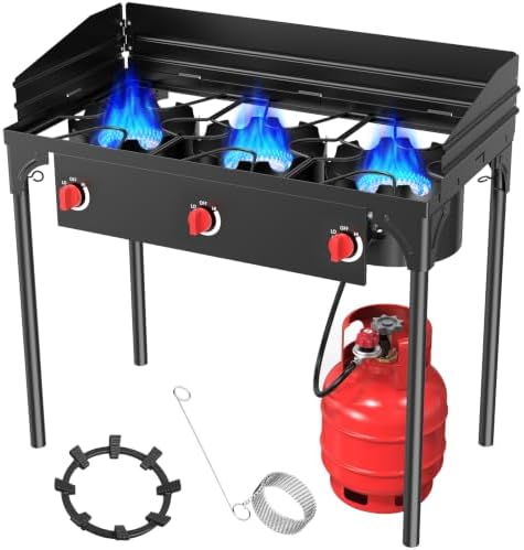 BESTFIRE 3 Burner Camping Stove, 225,000 BTU Propane Stove with Detachable Windscreen, Removable Legs & 20 PSIG Regulator&Octagonal Auxiliary Shelf&Ignition wire for Outdoor Cooking, Canning, BBQ by GrillsOutdoorCooking