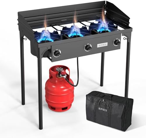 ROVSUN 3 Burner Propane Gas Stove with Carrying Bag, 225,000 BTU Patio Outdoor Camping Burner with Wind Panel & CSA Listed Regulator, Picnic Cooker for Home Patio Cooking Brewing Turkey Frying Canning by ROVSUN