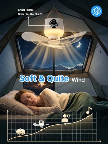 Portable Camping Ceiling Fan with Light and Remote, 9.25" Wireless 7200mAh Rechargeable Tent Fan, 4 Speeds, 3 Brightness, Timer, Battery Powered Hanging Fan for Tent, RV, Canopy, Gazebo - Image 4