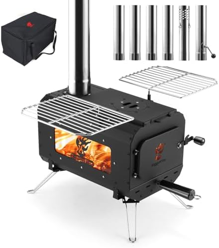 Tent Stove Portable Camping Stove Black Wood Burning Stove Tent Heater for Tents Shelter Heating Outdoor Camping, With Chimney Pipes and Carrying Bag by BiggerFire