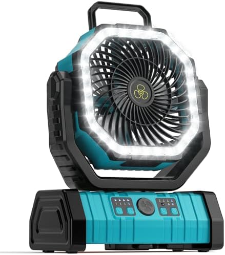 Camping Fan - 20000mAh Battery Powered Fan Rechargeable with LED Lantern - Portable Outdoor Tent Fans with Hanging Hook 4 Speeds Wind Remote Control, Blue by VOSFEEL