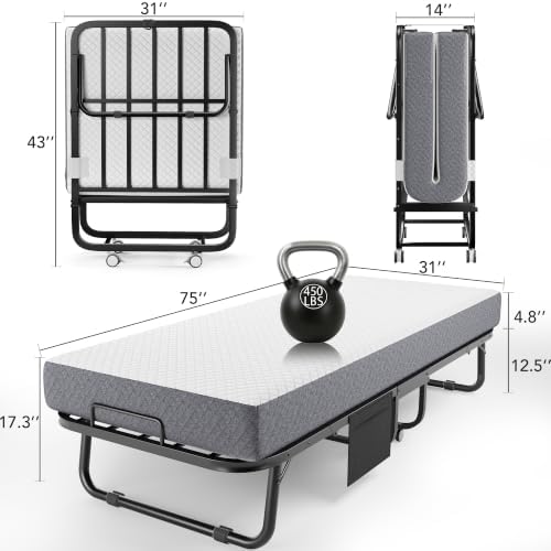 Decofy Folding Bed, Portable Foldable Bed with Movable Wheels, 75" x 31" - Image 3
