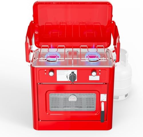 ROVSUN 2-in-1 Portable Camping Stove & Propane Oven with Piezo Igniter, 2 Burner Stove & Outdoor Oven with Adjustable Fire, Thermometer, Wind Panel & Regulator for Traveling, Tailgating (Red) by ROVSUN