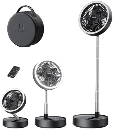 Gaiatop Portable Pedestal Fan 16000mAh Battery [Max 74h Runtime], Foldable Oscillating Standing Fan, Collapsible Desk Fans, LED Light, Case & Remote Control 4 Speeds for Outdoor Travel Camping (Black) by GAIATOP