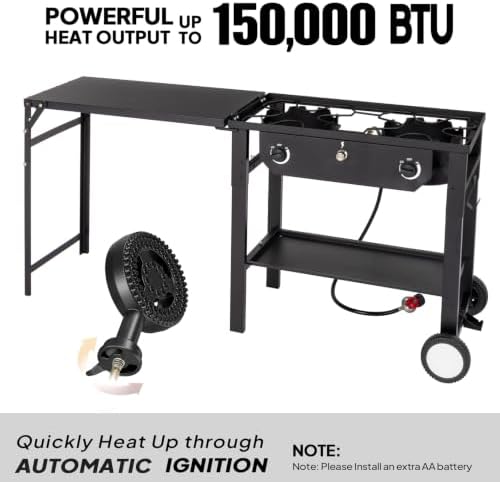 ROVSUN 2 Burner Outdoor Propane Gas Stove with Foldable Side Table & Ignition, 150,000 BTU Stand Cooker for Backyard Cooking Camping Home Brewing Canning Turkey Frying - Image 2