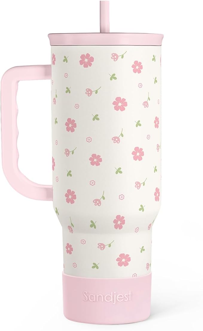 Floral 40oz Tumbler with Handle and Straw – Flowers Insulated Stainless Steel Travel Coffee Mug for Women Girls - Gift Idea for Birthday Christmas Mothers Day by SANDJEST