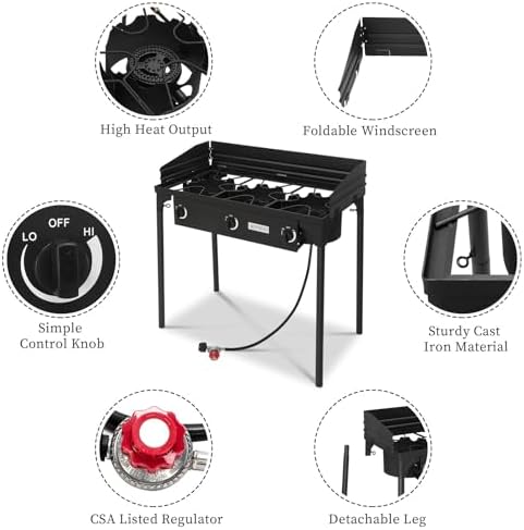 ROVSUN 3 Burner Outdoor Propane Gas Stove with Windpanel, Carrying Bag & Regulator, 225,000 BTU Stand Cooker for Backyard Cooking Camping Home Brewing Canning Turkey Frying - Image 2