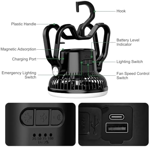 Portable Fan Rechargeable Camping Lantern-40Hrs,20000mAh Cordless Battery Operated Oscillating Fan with Remote,Hanging Hook and Magnetic Base, 3 Speeds for Tents, Outdoor, RV, Outage - Image 6