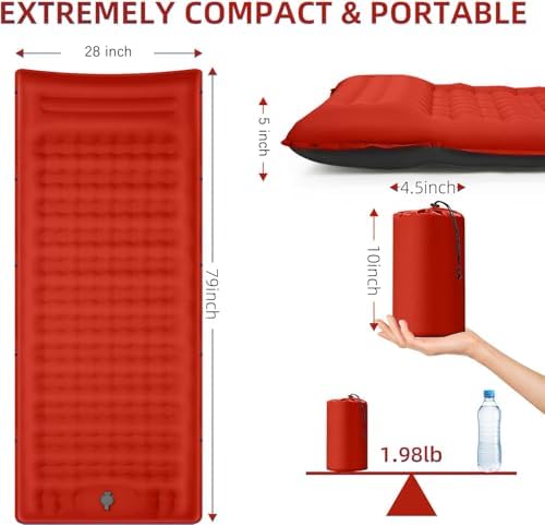 FNARMW Camping Sleeping Pad, Extra Thick 5 Inch Camping Mat with Pillow Built-in Foot Pump Inflatable Sleeping Pads Compact for Camping Backpacking Hiking Traveling Tent（Orange-Black） - Image 2