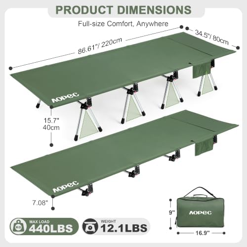 87" Extra Long Camping Cot, Heavy-Duty Aluminum Frame 440lbs, Green - Image 2