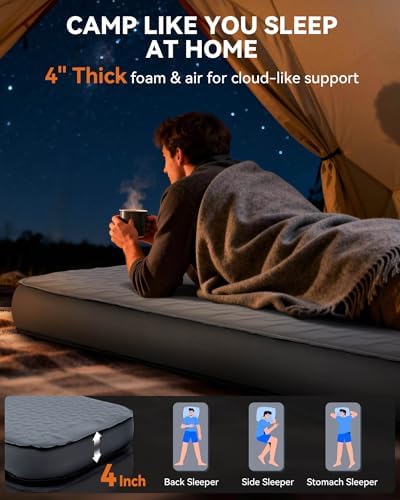 Hikenture 4" Thick Self Inflating Sleeping Pad, Foam & Air Camping Mattress - Image 3