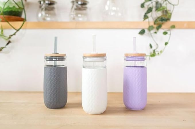Ello Devon 18oz Glass Tumbler with Straw, Friction Fit Bamboo Wood Lid and Silicone Sleeve | Perfect for Iced Coffee, Tea, and Smoothies - Image 2