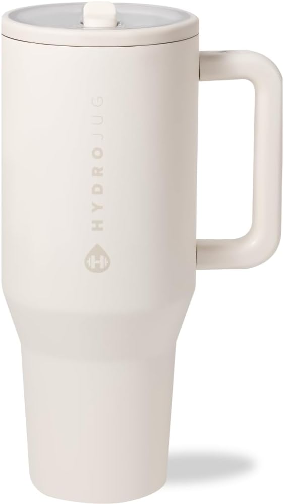 HydroJug Traveler - 40 oz Water Bottle with Handle & Flip Straw - Fits in Cup Holder, Leak Resistant Tumbler-Reusable Insulated Stainless Steel & Rubber Base - Gifts for Women & Men, Cream by Hydrojug