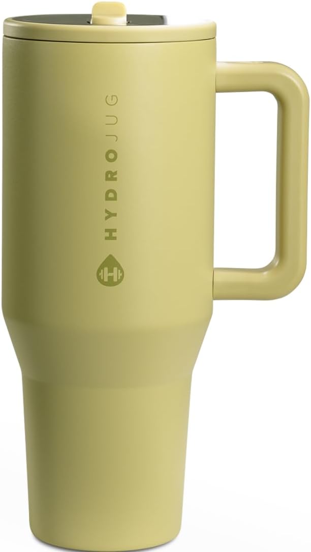 HydroJug Traveler - 32 oz Water Bottle with Handle & Flip Straw - Fits in Cup Holder, Leak Resistant Tumbler-Reusable Insulated Stainless Steel & Rubber Base - Gifts for Women & Men, Olive by Hydrojug