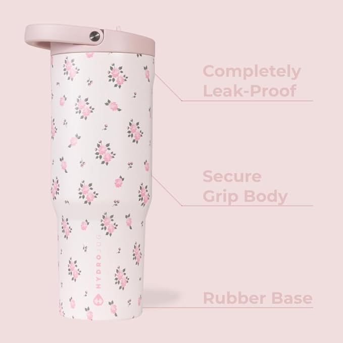 HydroJug Sport - Stainless Steel Tumbler with Straw, Vacuum Insulated, 32oz Leakproof Water Bottle, Ergonomic Design, Reusable, Dishwasher Safe, Rubber Base, Durable for Gym or Outdoors, Wildrose - Image 2