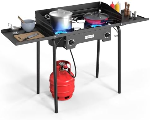 ROVSUN 2 Burner Gas Stove with Side Shelves, 150,000 BTU Portable Propane Stove with Removable Legs, Wind Panels & Regulator for Camping Home Backyard Cooking Brewing Canning Turkey Frying by ROVSUN