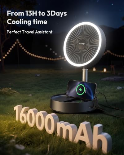 Gaiatop Portable Pedestal Fan 16000mAh Battery [Max 74h Runtime], Foldable Oscillating Standing Fan, Collapsible Desk Fans, LED Light, Case & Remote Control 4 Speeds for Outdoor Travel Camping (Black) - Image 2