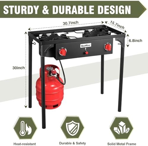 BESTFIRE 2 Burner Camping Stove,150,000 BTU High Pressure Outdoor Propane,4ft 20 PSI Adjustable Regulator Hose With Removable Legs for Backyard Cooking Camping Home - Image 5