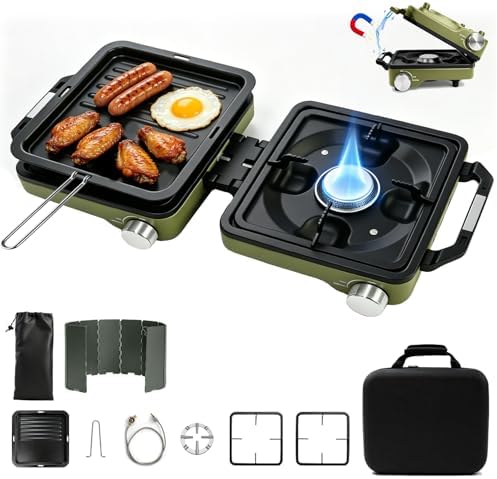 2 Burner Camping Stove with Windshield, 24000 BTU Propane Camp Stove, Portable Folding Camp Stove with Frying Pan, Coffee Stand & Carry Bag, Camping Essentials for Picnic, RV, Camp kitchen, Green by FIRXZYMZ
