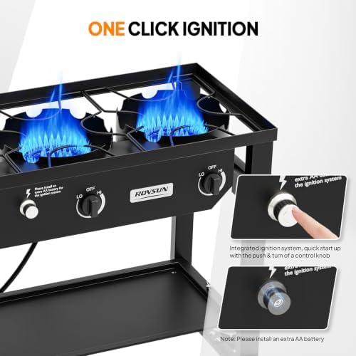 ROVSUN 3 Burner Outdoor Propane Gas Stove with Foldable Work Station, Auto-ignition & Regulator, 225,000 BTU Powerful Camping Burner with Portable Wheels for Backyard Patio Cooking Brewing Frying - Image 5