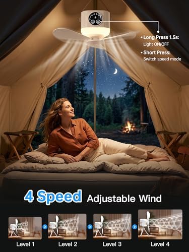 Portable Camping Ceiling Fan with Light and Remote, 9.25" Wireless 7200mAh Rechargeable Tent Fan, 4 Speeds, 3 Brightness, Timer, Battery Powered Hanging Fan for Tent, RV, Canopy, Gazebo - Image 2