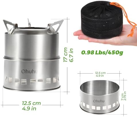 Camping Stove, Ohuhu Camp Stove Wood Burning Stove Stainless Steel Stoves Mini Portable Stove for Camping Picnic BBQ Backpacking Hiking Survival Emergency Cooking Outdoor with Grill Grid Carry Bag - Image 3