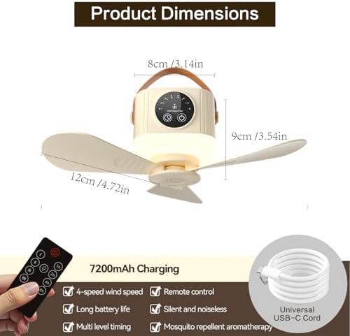 Portable Fan with Remote, 7200mAh Low Noise USB Fan 4 Speeds & 3 Warm Lights, Hanging Travel Fan with Timer, for Workshop Dorm Room Bedroom Camping Tent - Image 2