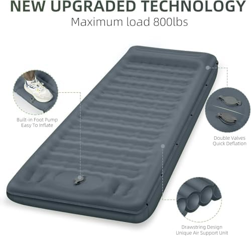 FNARMW Camping Sleeping Pad, Extra Thick 5 Inch Camping Mat with Pillow Built-in Foot Pump Inflatable Sleeping Pads Compact for Camping Backpacking Hiking Traveling Tent（Gray） - Image 4