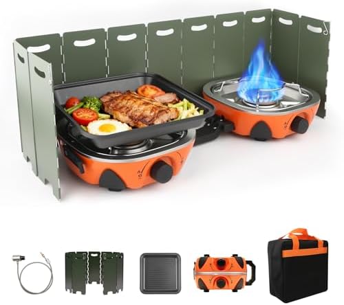 2 Burner Propane Camping Stove with Windshield,20,000 BTUs Folding Portable Camp Stove with Frying Pan,Carrying Bag,Dual Gas Stoves Easy Carrying for Tailgating,Camping,BBQ (Orange, Medium) by NEBELTREKK