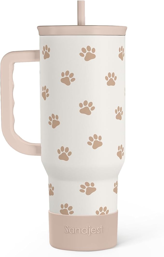 Paw Print Tumbler with Handle, Gifts for Dog Mom, Stainless Steel Insulated Tumblers Coffee Travel Mug Cup, Gift for Women Girls on Birthday Christmas Mothers Day, 40oz by SANDJEST
