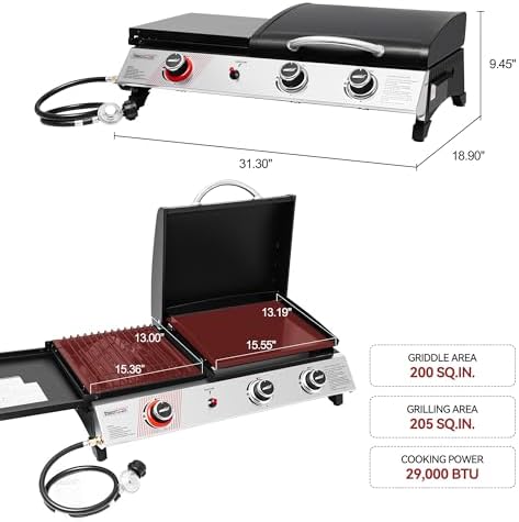 Royal Gourmet PD1305H 3-Burner Propane Gas Grill, Griddle Combo with Lid - Image 3