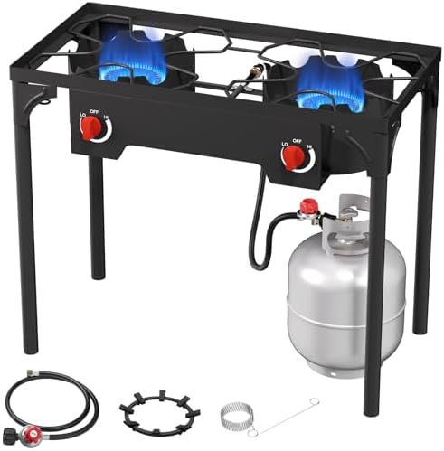 2 Burner Gas Stove, High Pressure Outdoor Propane Burner with Detachable Legs, 150,000 BTU Camping Stove Outdoor Burner with 0-20 PSI Regulator for Camping, Backyard, Outdoor Cooking by ADREAK