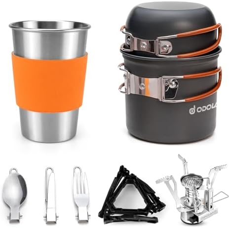 Odoland Camping Cookware Stove Set with 1.2L/0.6L Pots and Protable Stove by Odoland