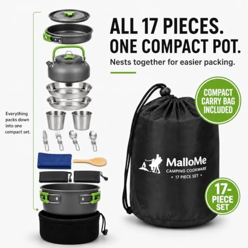 MalloMe Camping Cookware Mess Kit for Backpacking Gear – Camping Cooking Set - Camping Pots and Pans Set - Backpacking Stove/Portable Stove Compatible - Camp Kitchen Equipment Accessories Pot - Image 4