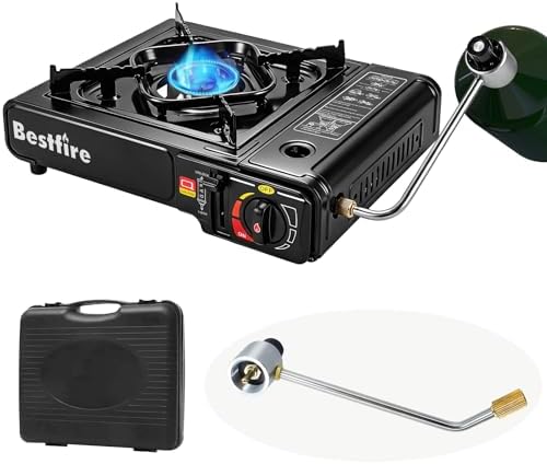 BESTFIRE Portable Camping Stove - 10 000 BTU Dual Fuel Propane and Butane with Adapter & Carrying Case Single Burner Gas for Outdoor Cooking Gear Essentials Tailgating Survival Kit by GrillsOutdoorCooking