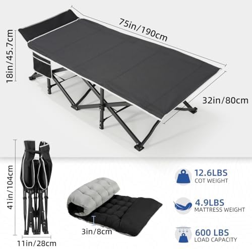 HABUTWAY Camping Cot with Mattress, 32" Extra Wide Camping Cots for Adults, Sleeping Cot for Adults Holds Up to 600LBS, Cots for Sleeping, Camp, Rv, Beach, Patio, Office Naps(Black) - Image 4